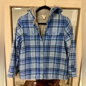 LL Bean Hoodie Women’s XS Fleece Lined Flannel Shirt Jacket Plaid Shacket Cotton